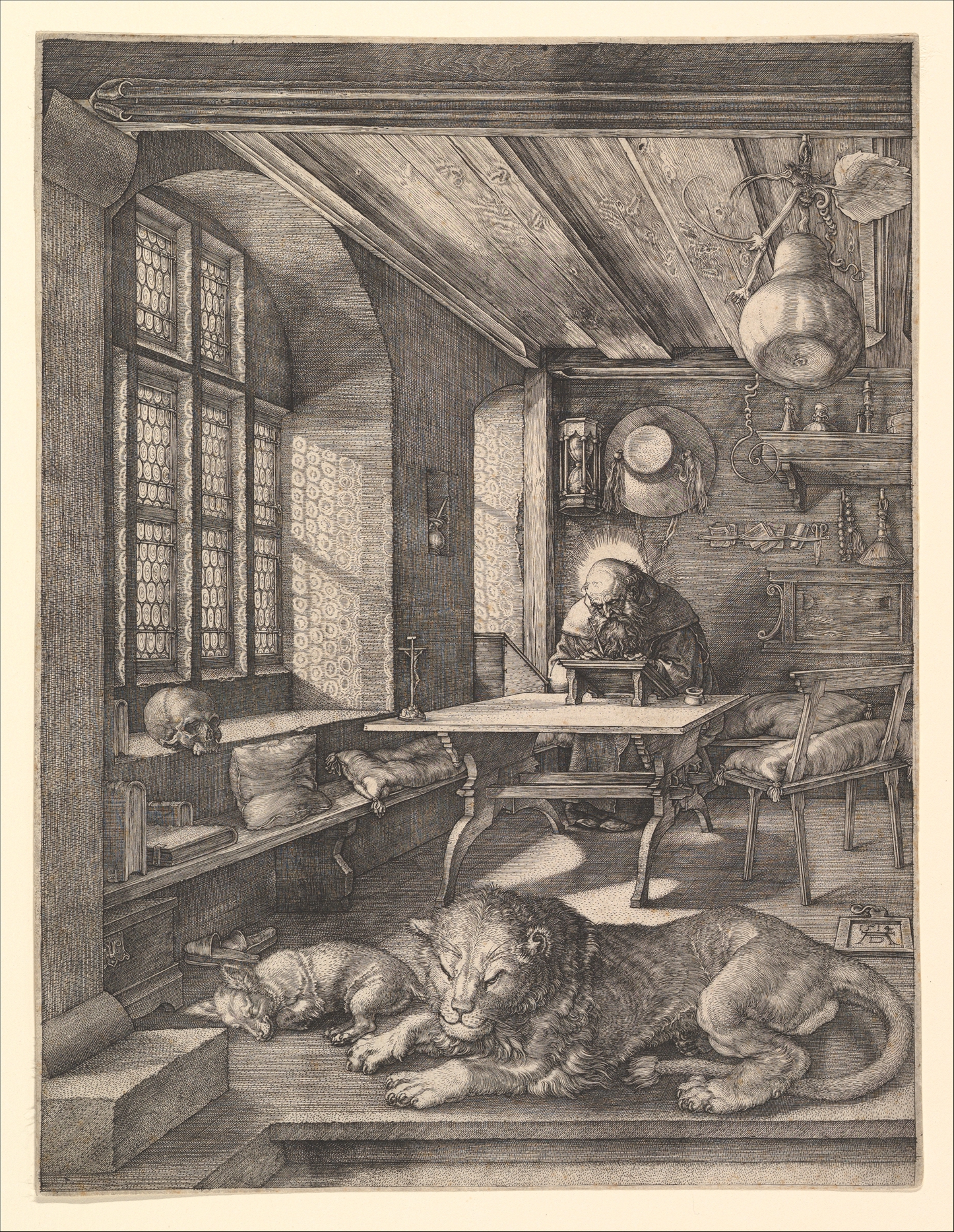 Albrecht Durer's engraving of Saint Jerome at his desk, with a lion in the foreground